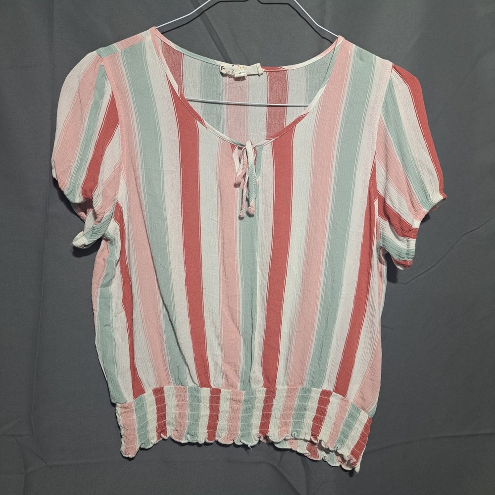 Pink Rose MEDIUM Multicolor Stripe Tie‎ Front Stretch Hem Blouse Top Boho Chic